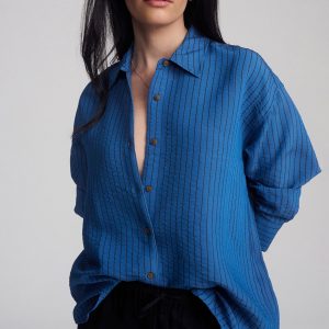 LUXE TOUCH TENCEL™ BUTTON-UP STRIPED SHIRT IN HIGH TIDE STRIPE