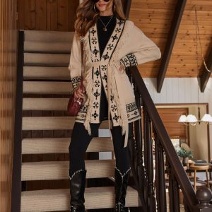 Winter Ember Abstract Waist Tie Cardigan