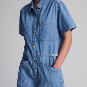 NOREEN DENIM ROMPER IN MID VINTAGE LIGHT DENIM