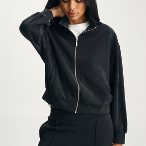 SPORTY LUXE TENCEL™ FULL ZIP SWEATSHIRT IN BLACK